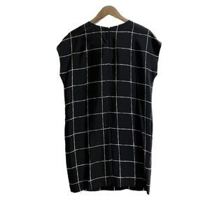 VINCE Silk Shift Dress in Black & White Lattice Print.